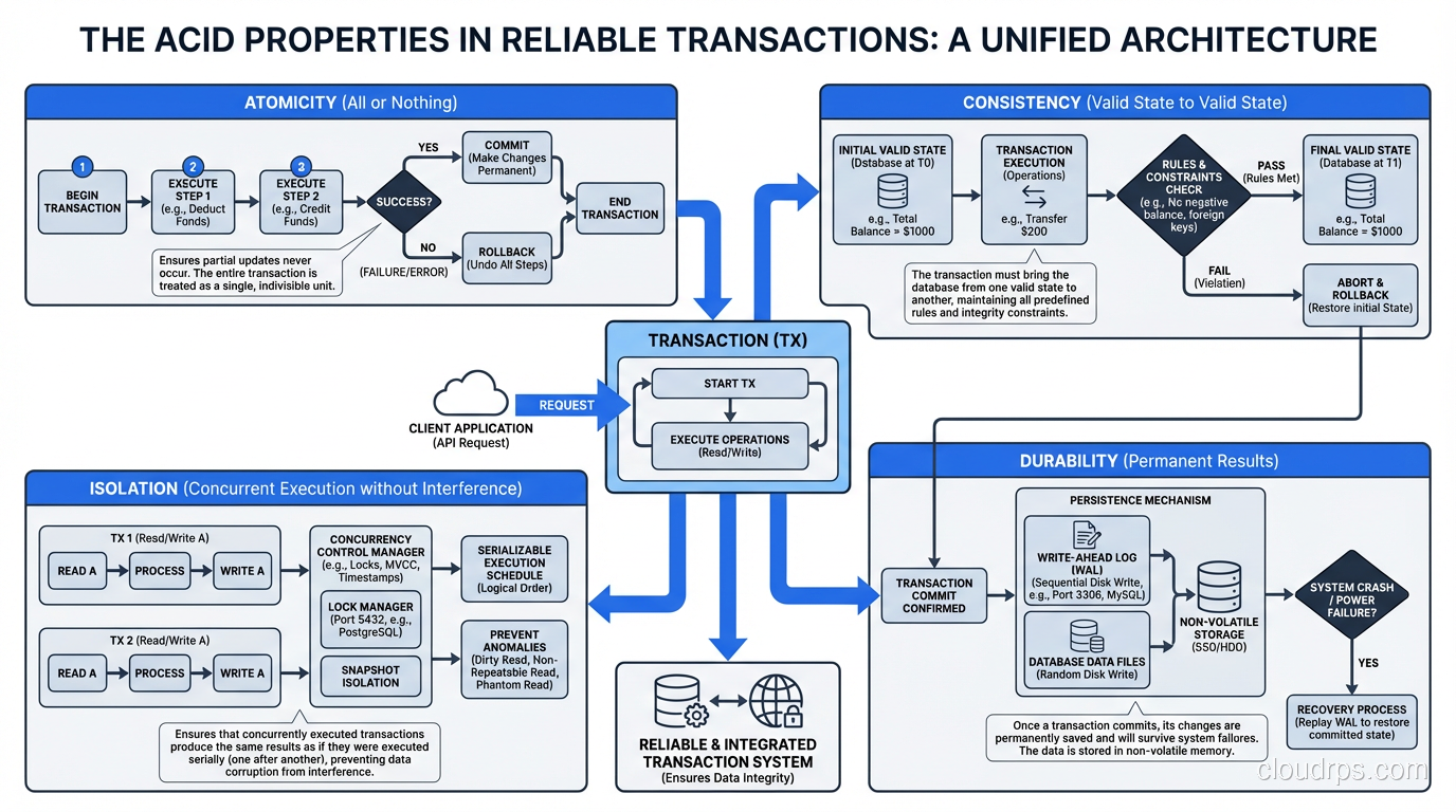 Summary diagram showing how all four ACID properties work together to ensure reliable transactions