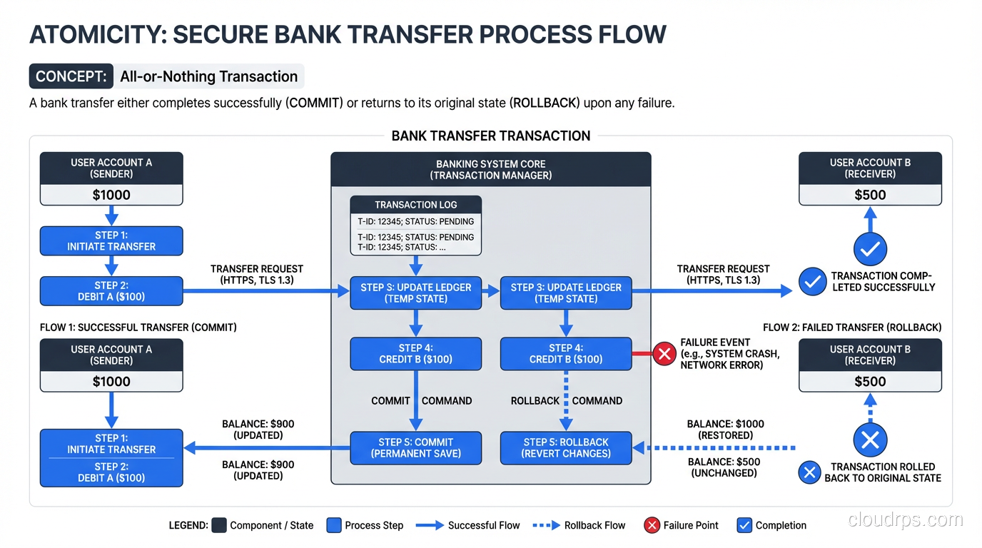 Diagram showing atomicity with a bank transfer that either fully completes or fully rolls back
