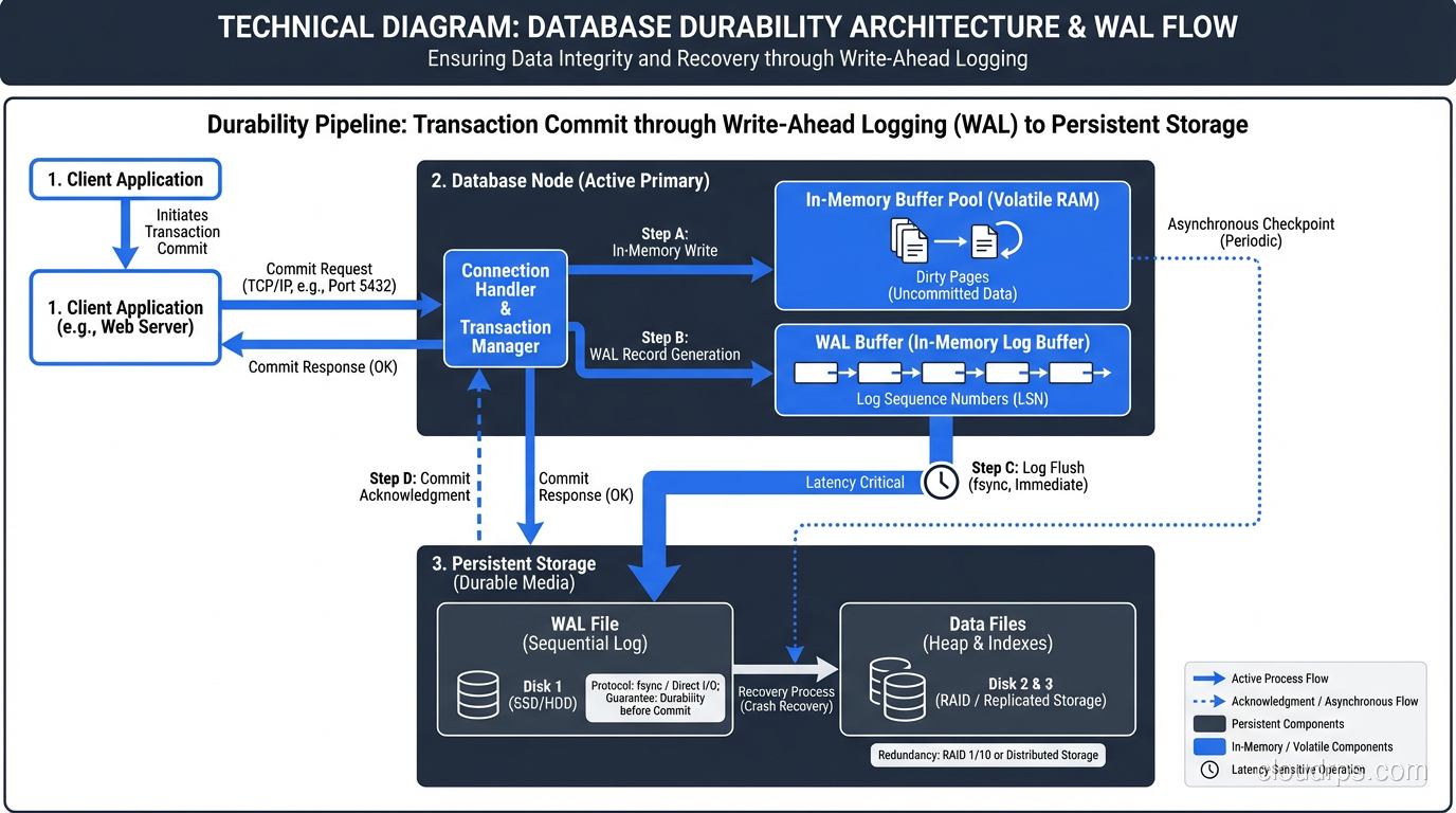 Durability diagram showing the path from transaction commit through WAL to persistent storage