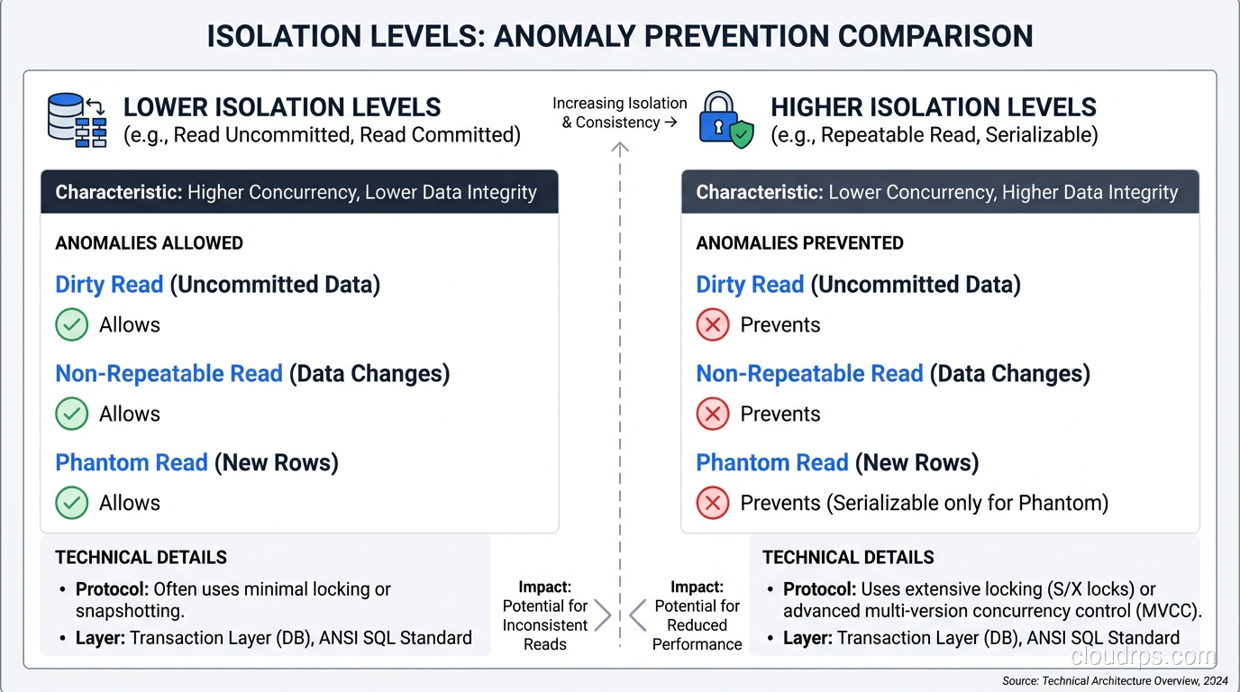 Isolation levels comparison showing which anomalies each level prevents