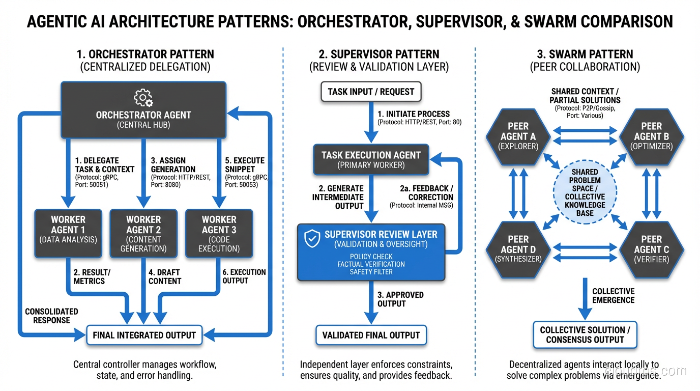 Diagram comparing three agentic AI architecture patterns: the orchestrator pattern with a central agent delegating to specialized workers, the supervisor pattern with a review layer validating each step, and the swarm pattern with multiple peer agents collaborating on the same problem