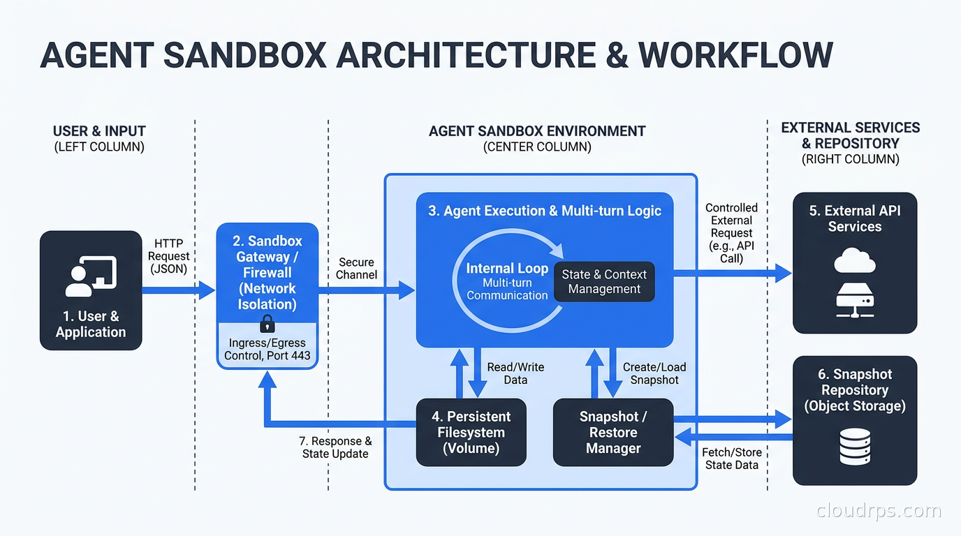 Agent sandbox architecture showing persistent filesystem, network isolation, snapshot/restore, and multi-turn agent communication