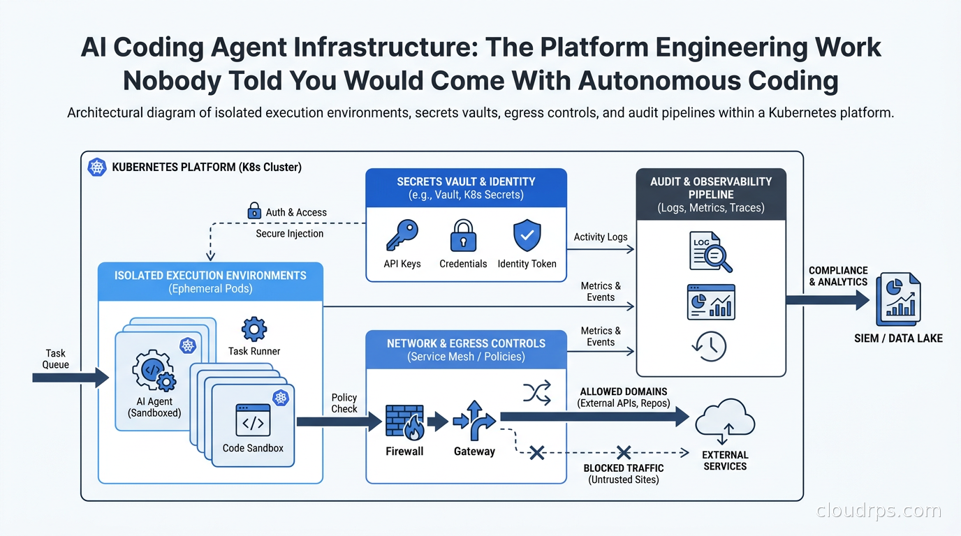 Diagram of AI coding agent infrastructure showing isolated execution environments, secrets vaults, egress controls, and audit pipelines in a Kubernetes platform