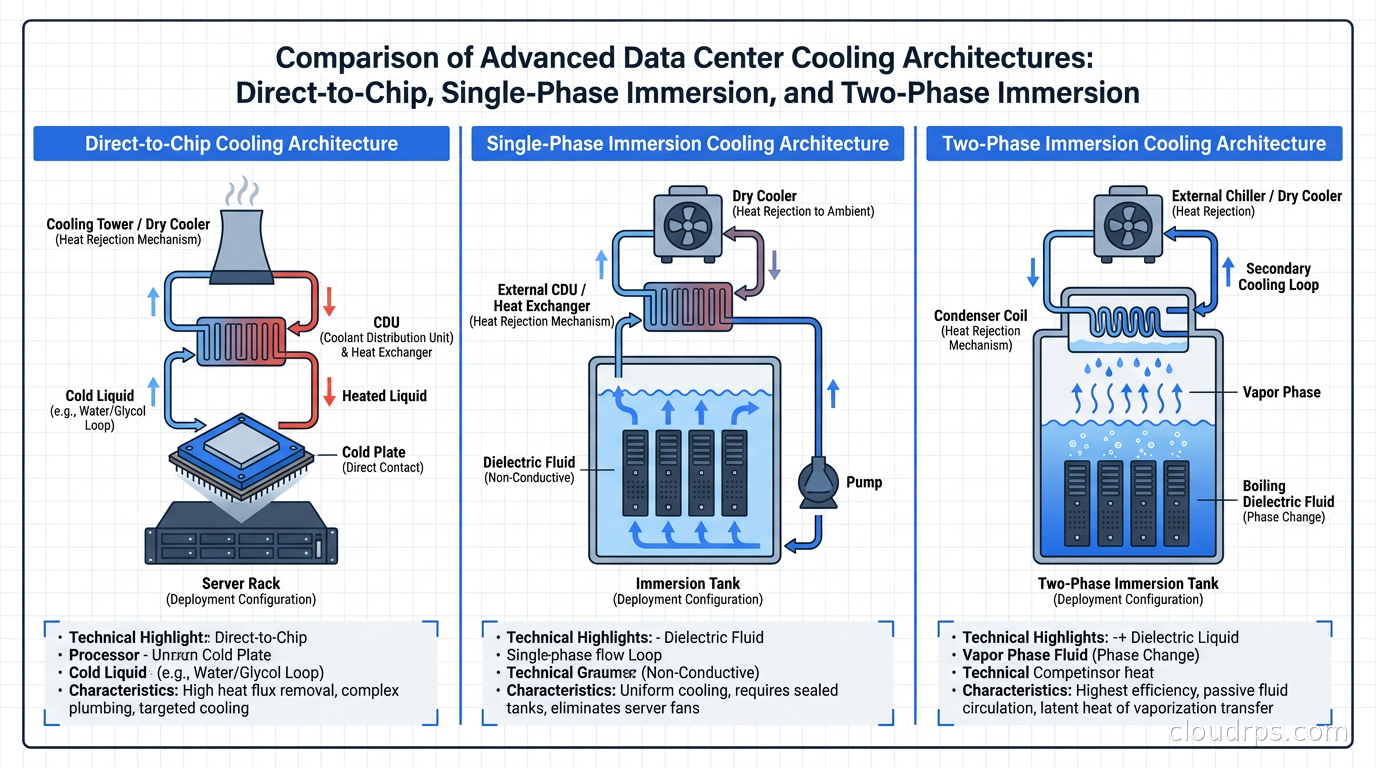 Comparison of direct-to-chip, single-phase immersion, and two-phase immersion cooling architectures showing fluid flow paths, heat rejection mechanisms, and typical deployment configurations