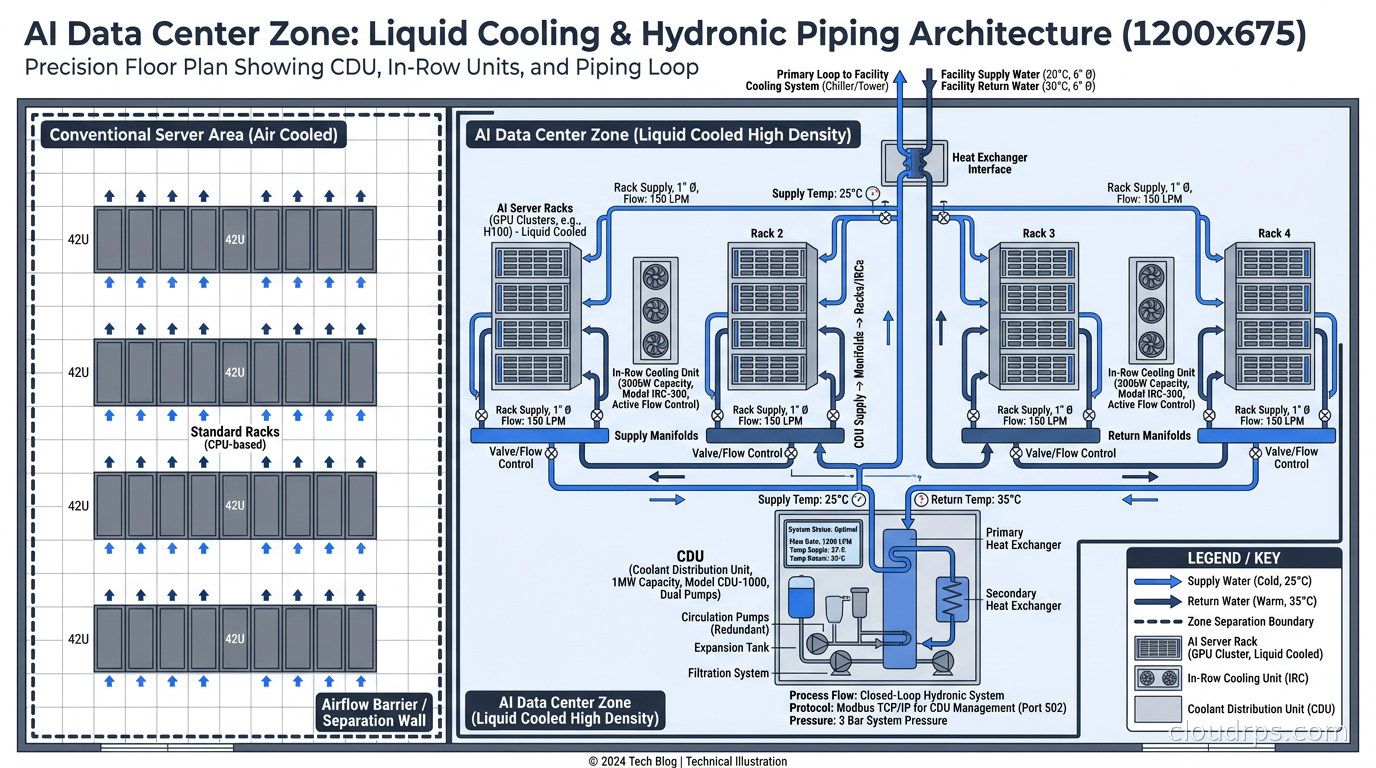 Floor plan diagram of an AI data center zone showing the hydronic piping loop, CDU placement, in-row cooling units, and separation from adjacent conventional server areas