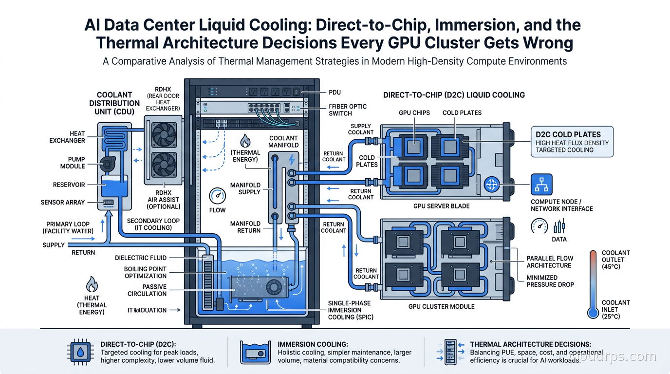 Cross-section diagram of a GPU server rack showing liquid cooling manifolds, cold plates on GPUs, and coolant distribution architecture in a modern AI data center