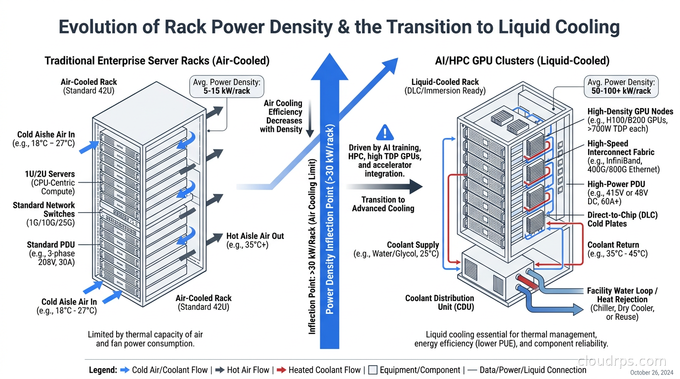 Rack power density evolution from traditional servers to AI GPU clusters, showing the inflection point where liquid cooling becomes necessary