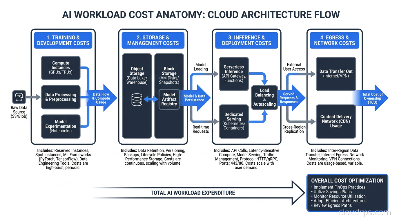AI workload cost anatomy showing training, inference, storage and egress cost buckets