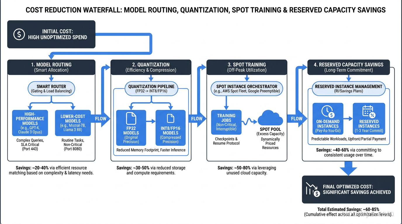 Cost reduction waterfall showing model routing, quantization, spot training and reserved capacity savings