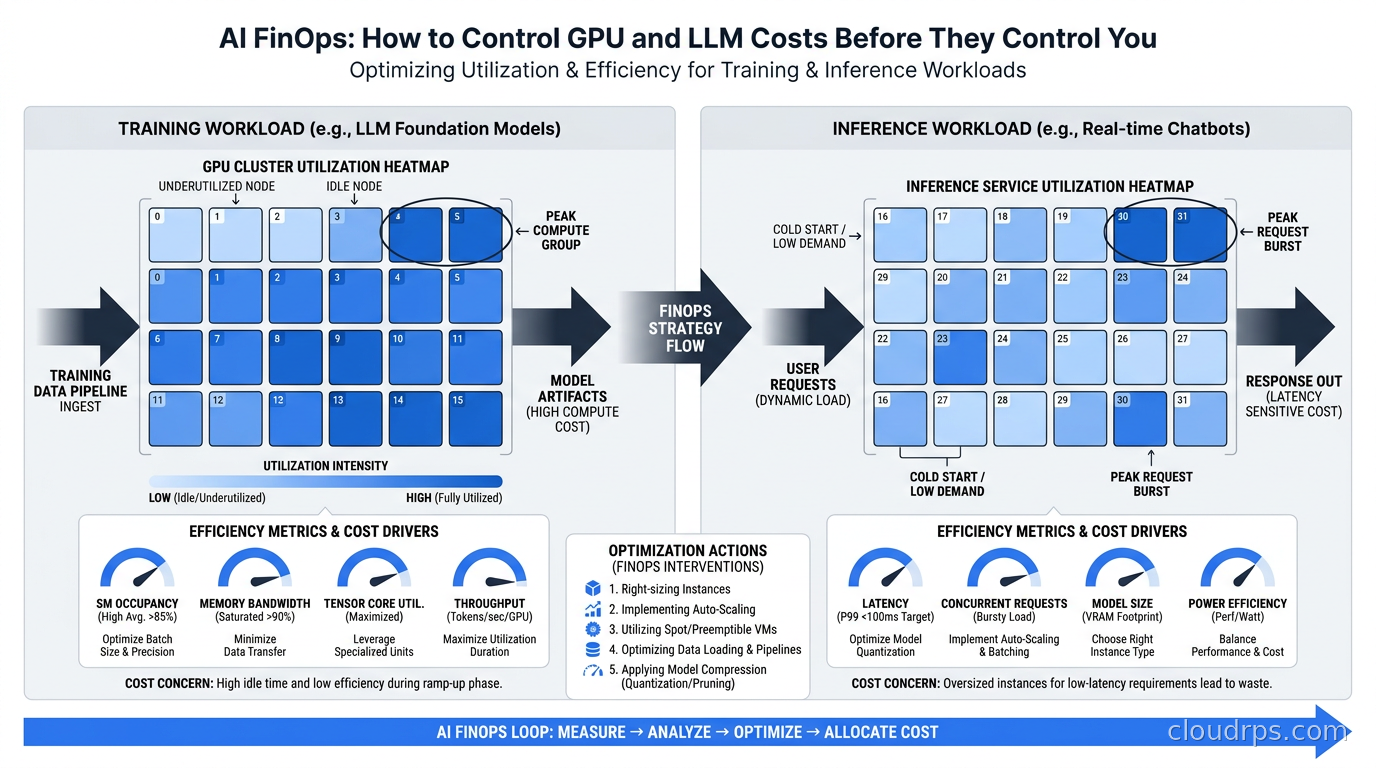 GPU utilization heatmap and efficiency metrics for training and inference workloads