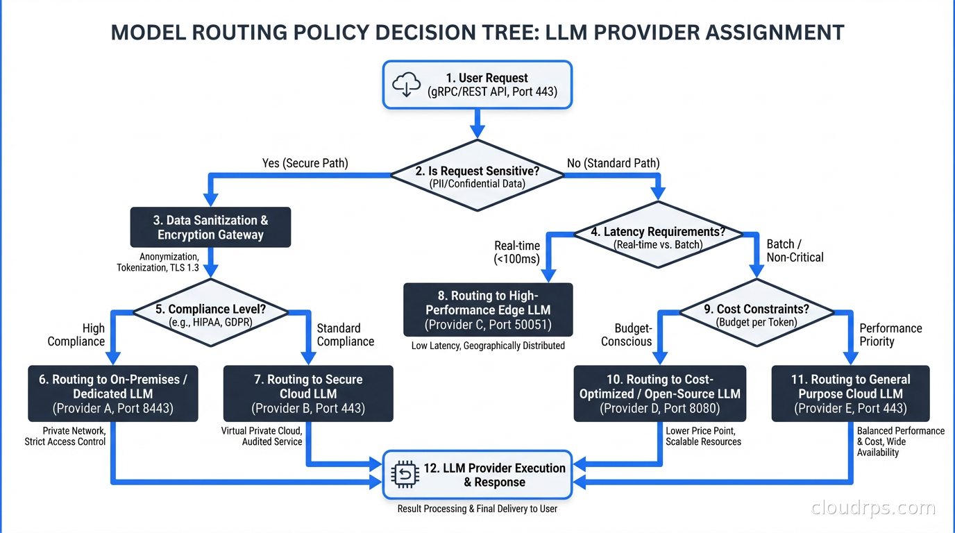 Model routing policy decision tree showing how requests are assigned to different LLM providers based on requirements