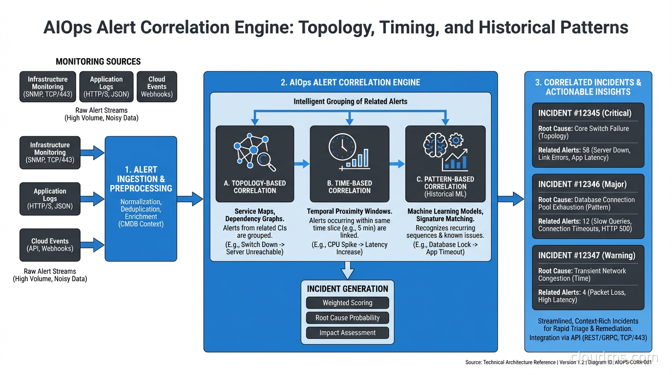 AIOps alert correlation engine: grouping related alerts into incidents by topology, timing, and historical patterns