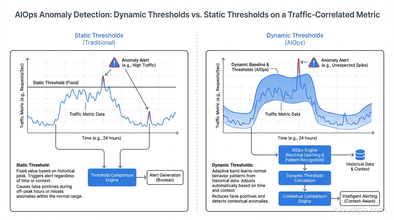 AIOps anomaly detection: dynamic thresholds versus static thresholds on a traffic-correlated metric