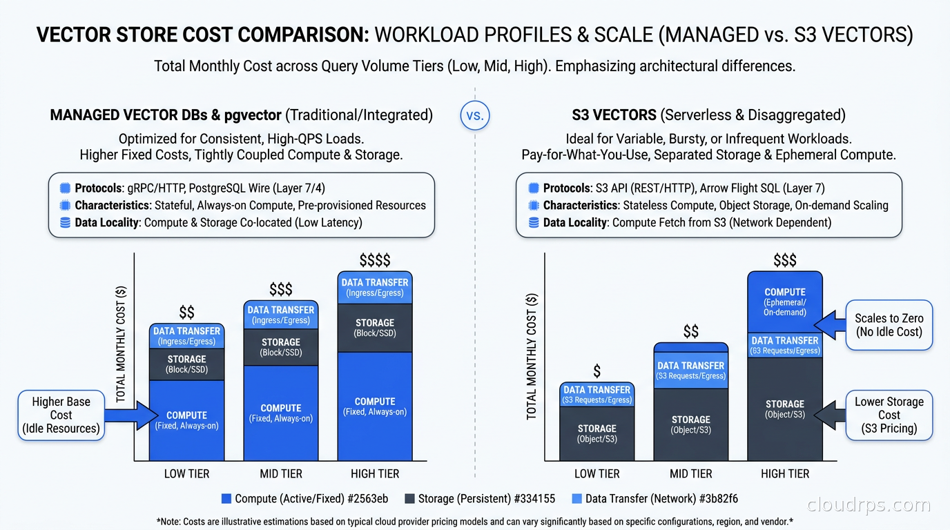 Cost comparison between S3 Vectors, managed vector databases, and pgvector for different workload profiles, showing total monthly cost across query volume tiers