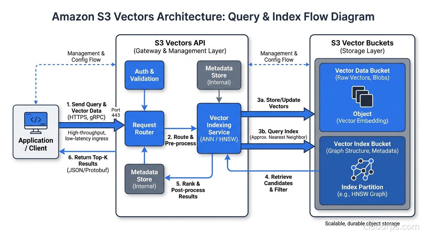 Amazon S3 Vectors architecture showing vector buckets, indexes, and query flow from application through the S3 Vectors API