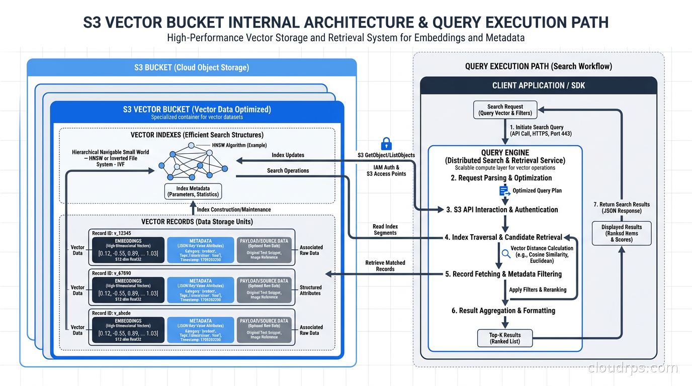 S3 Vector bucket internal structure showing the relationship between vector buckets, vector indexes, vector records with embeddings and metadata, and the query execution path