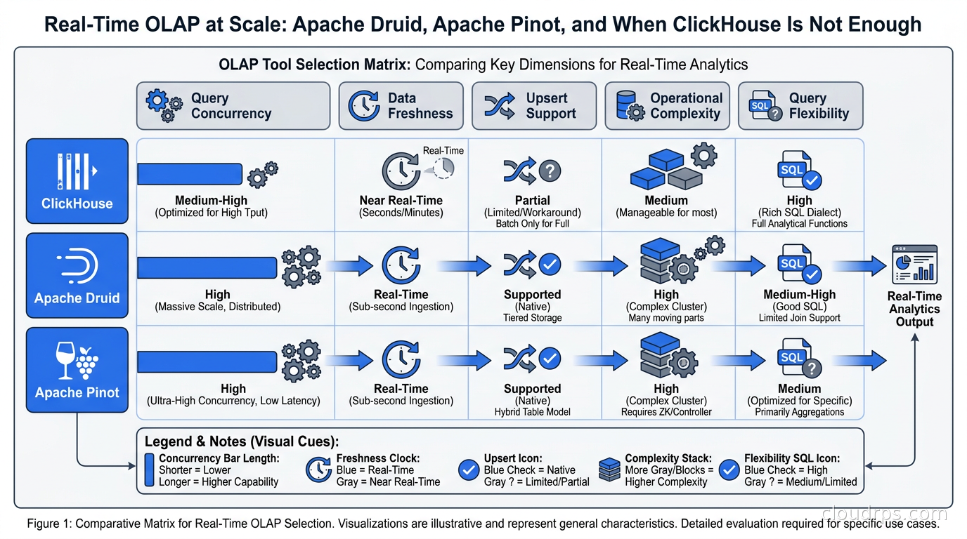 OLAP tool selection matrix comparing ClickHouse, Apache Druid, and Apache Pinot across dimensions of query concurrency, data freshness, upsert support, operational complexity, and query flexibility