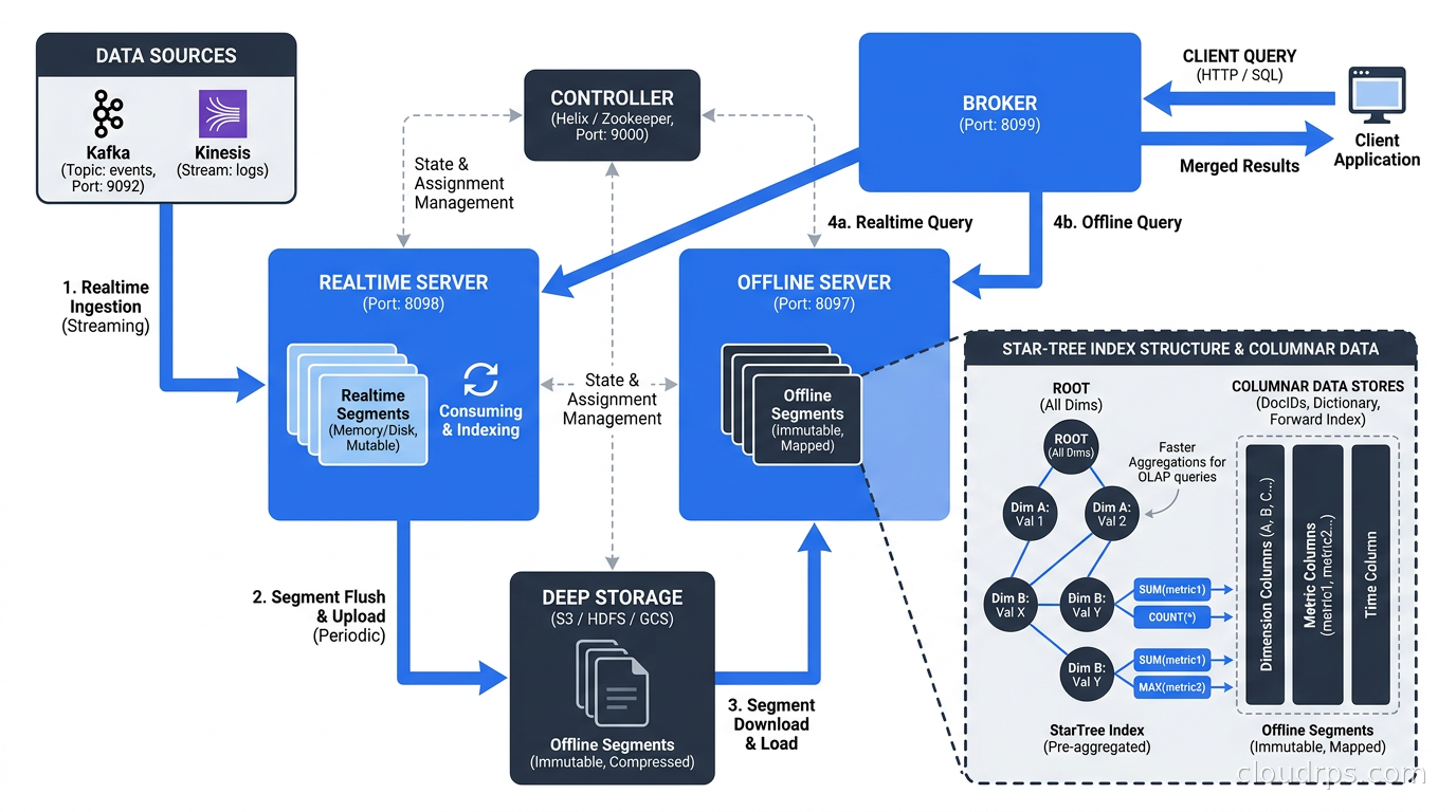 Apache Pinot StarTree index structure and realtime segment lifecycle showing offline segment transition from realtime servers, with broker query routing across both server types
