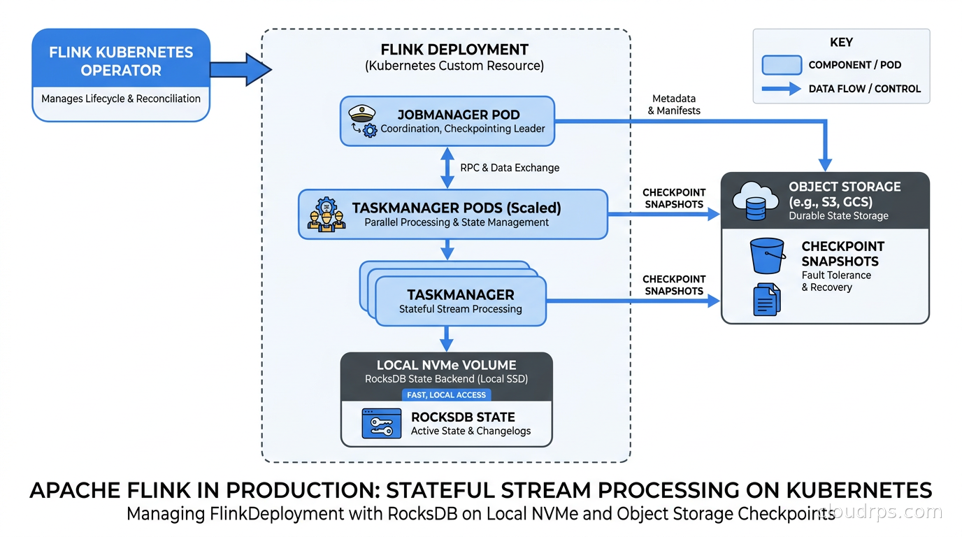 Flink Kubernetes Operator managing FlinkDeployment with JobManager and TaskManager pods, RocksDB state on local NVMe, and checkpoint snapshots in object storage