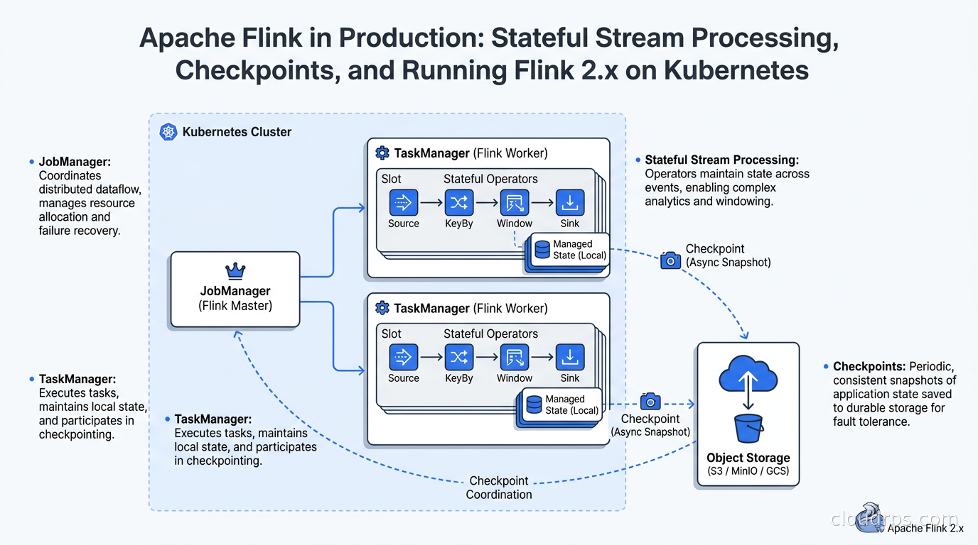 Apache Flink architecture diagram showing JobManager, TaskManagers, and stateful operator checkpointing to object storage