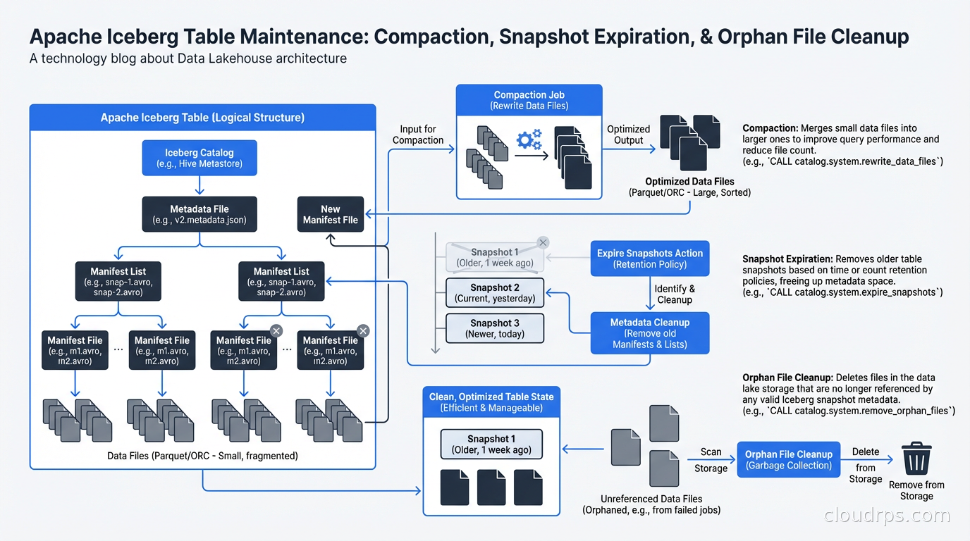 Iceberg table maintenance: compaction, snapshot expiration, and orphan file cleanup