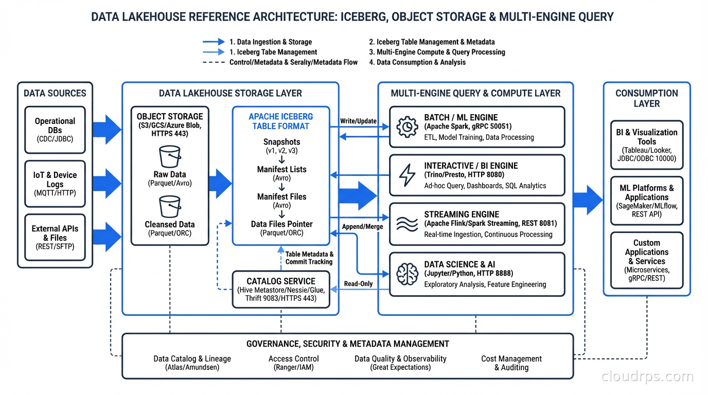 Data lakehouse reference architecture with Iceberg, object storage, and multi-engine query layer