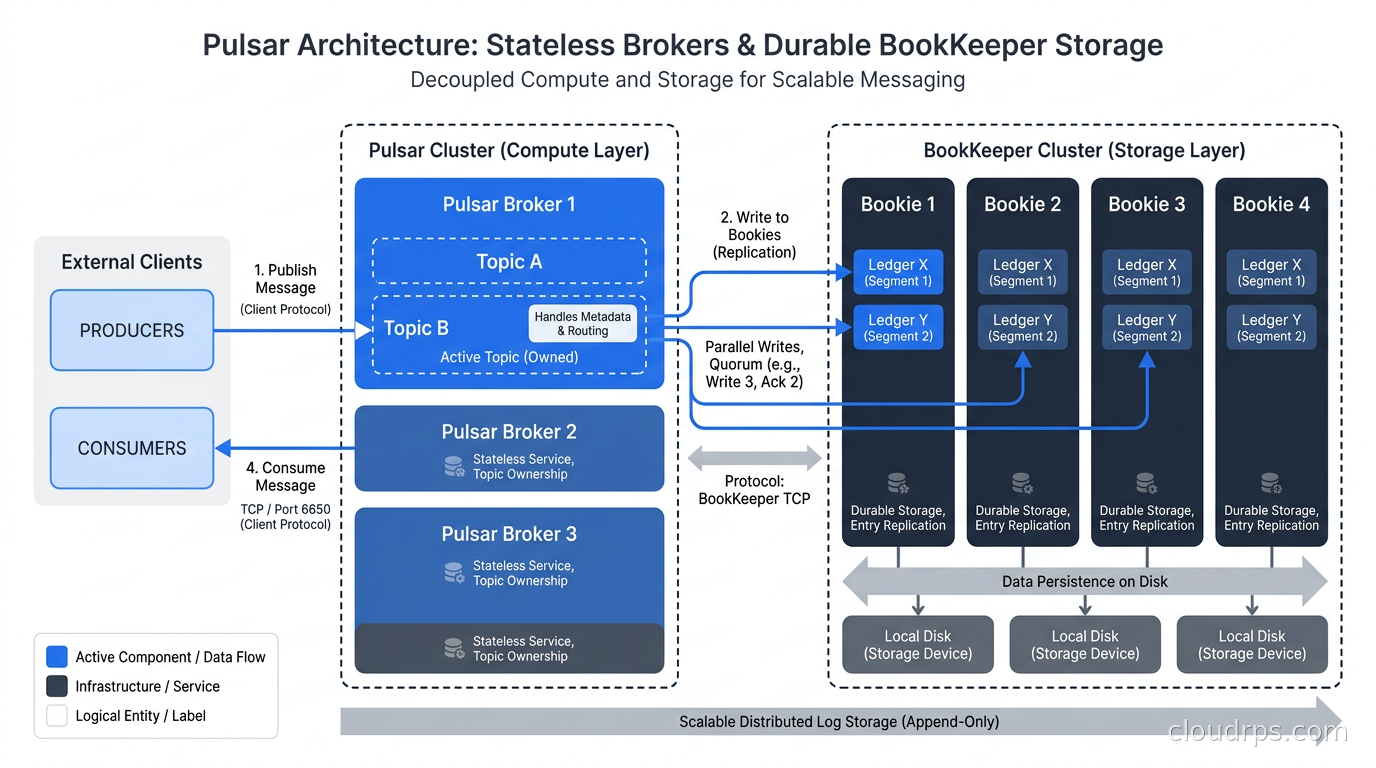 Pulsar broker and BookKeeper architecture showing stateless brokers owning topics while bookies handle durable storage