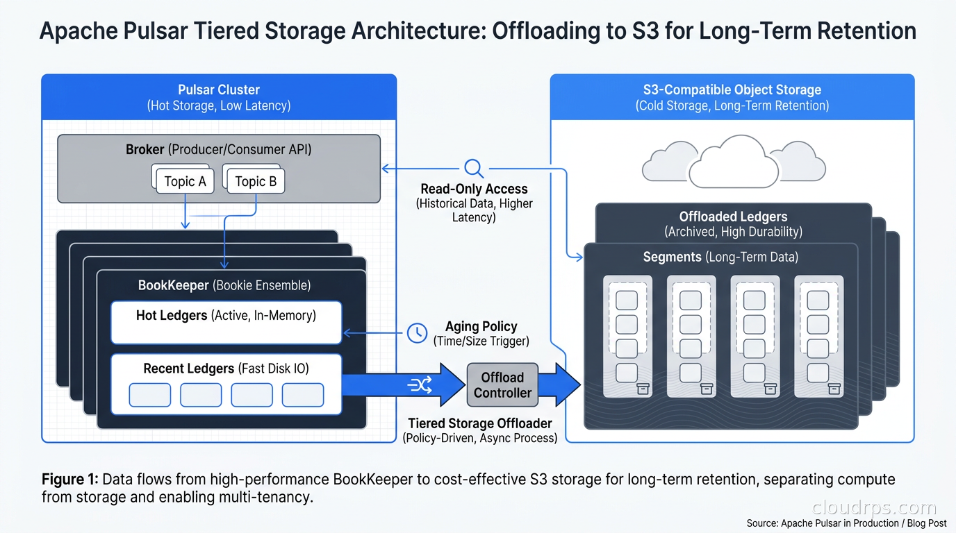 Pulsar tiered storage offloading hot ledgers from BookKeeper to S3-compatible object storage for long-term retention