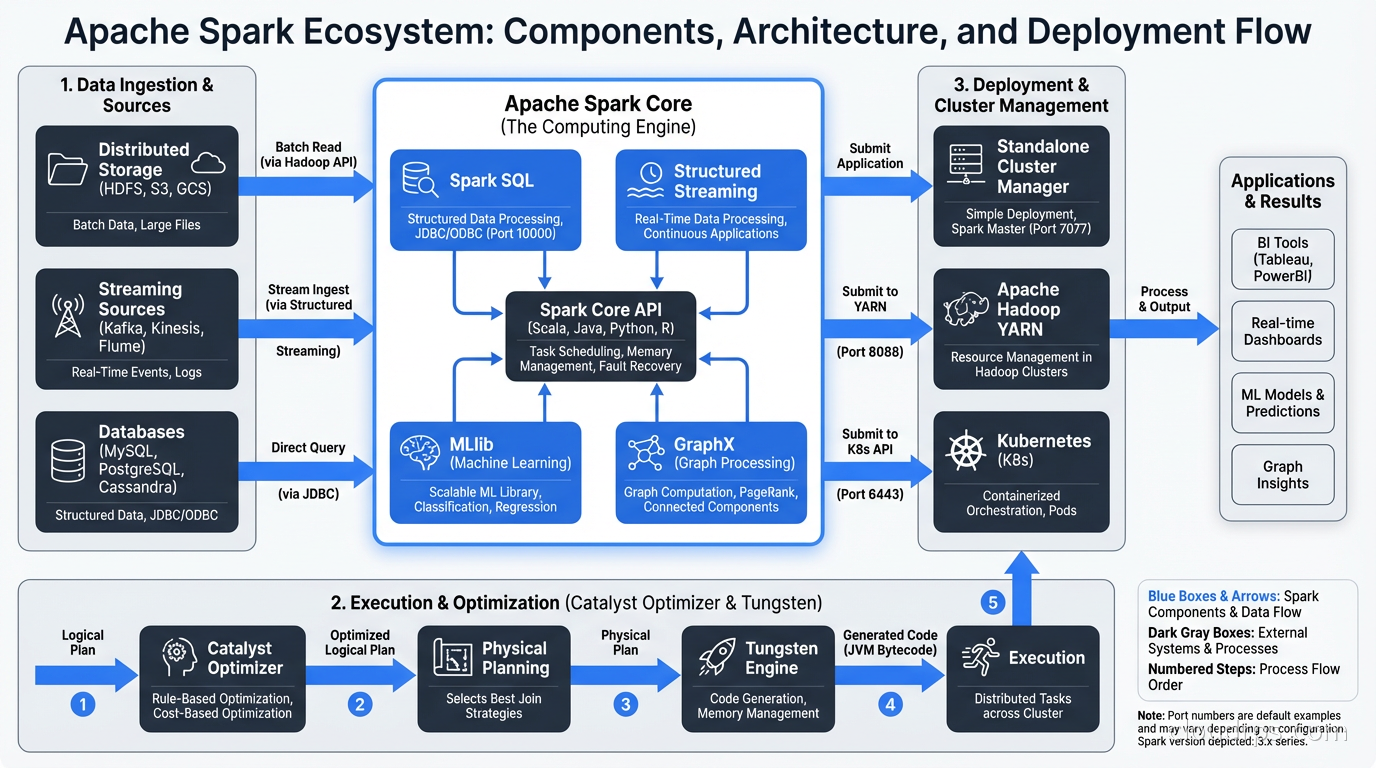 Apache Spark ecosystem components including Spark SQL, Structured Streaming, MLlib, GraphX, and deployment targets