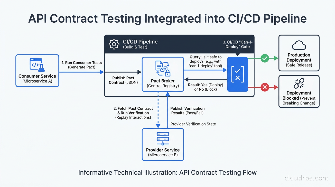 API contract testing integrated into CI/CD: consumer pact publishing, provider verification, can-i-deploy gate