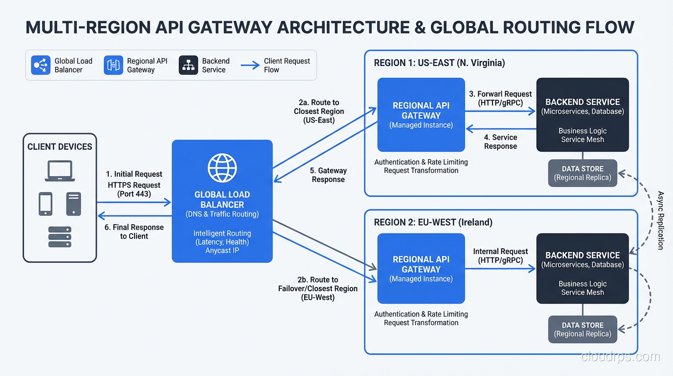 Multi-region API gateway architecture with global load balancer routing to regional gateway instances