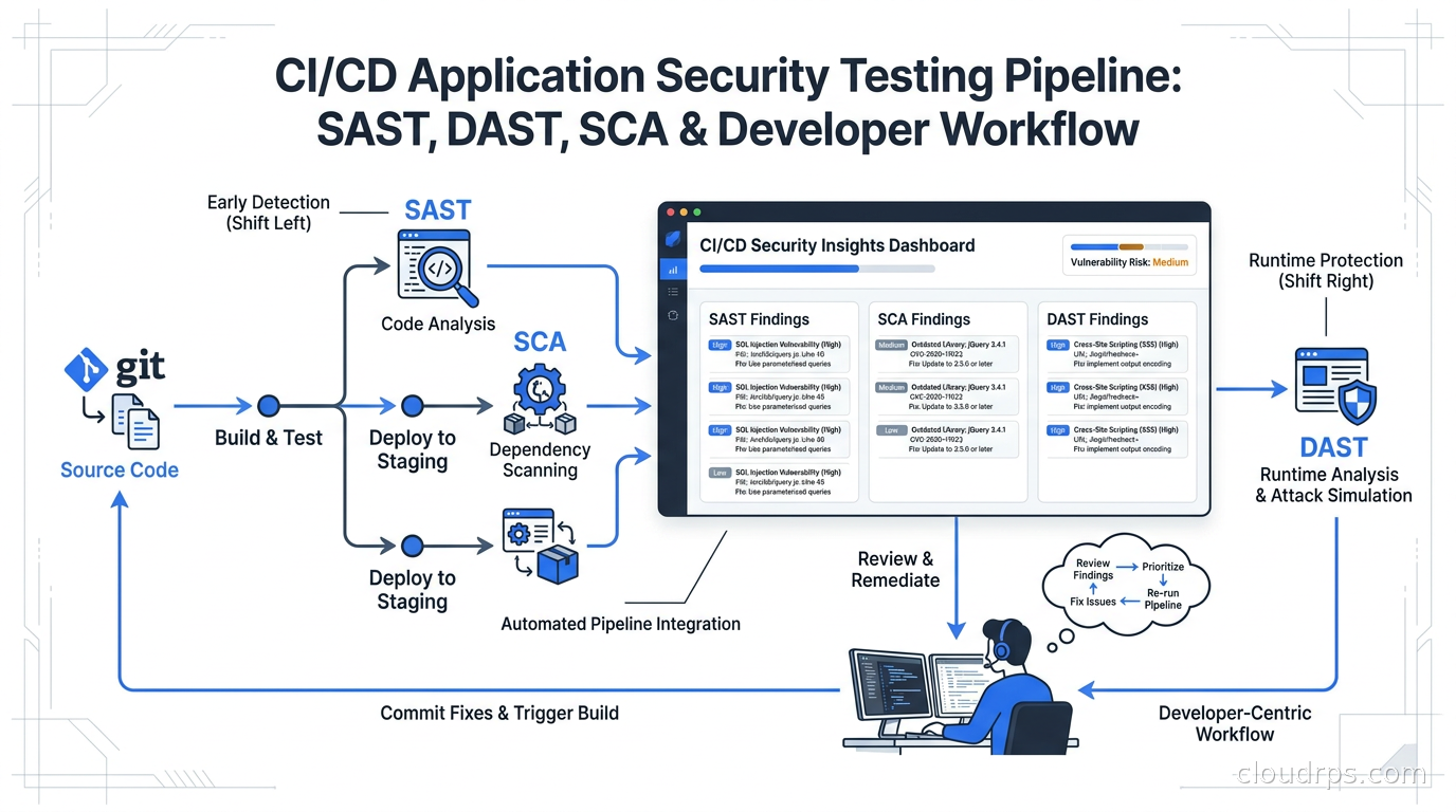 Developer reviewing security scan results in a CI/CD pipeline dashboard with SAST, DAST, and SCA findings