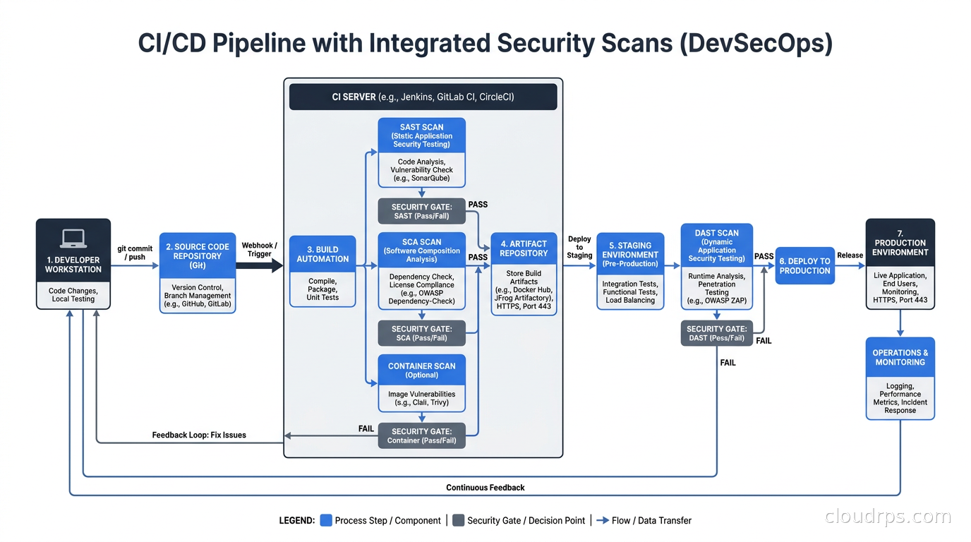 CI/CD pipeline showing where SAST, DAST, and SCA scans fit relative to commit, build, staging, and deploy stages