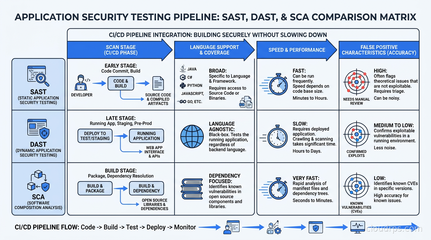 Matrix comparing SAST, DAST, and SCA tools by scan stage, language support, speed, and false positive characteristics