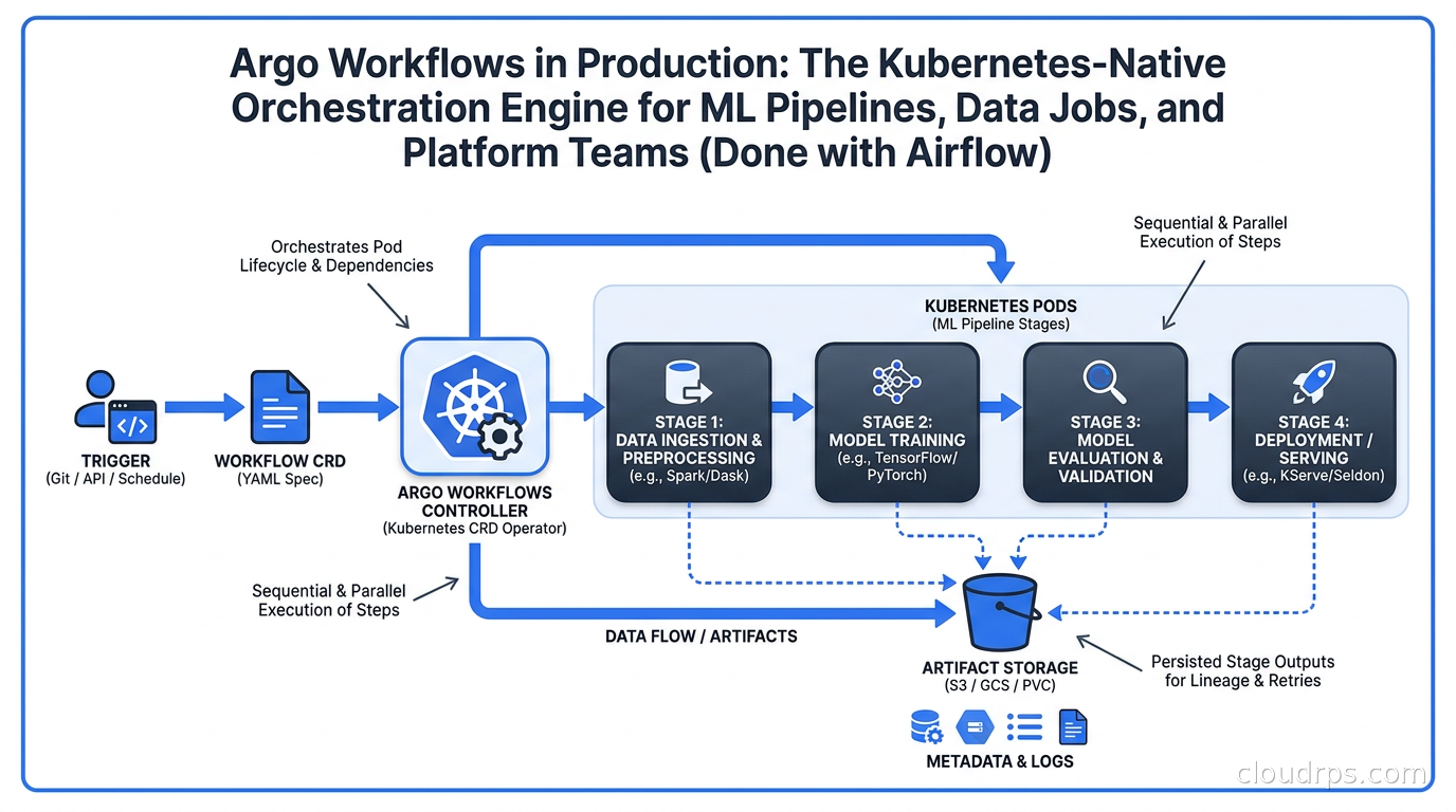 Argo Workflows controller orchestrating Kubernetes pods across a multi-stage ML pipeline with artifact storage