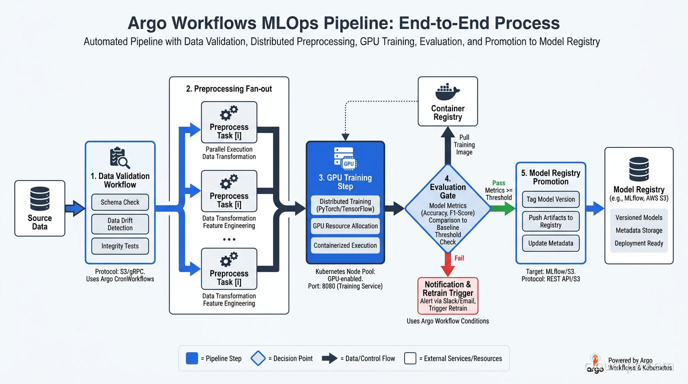 Argo Workflows MLOps pipeline showing data validation, preprocessing fan-out, GPU training step, evaluation gate, and model registry promotion