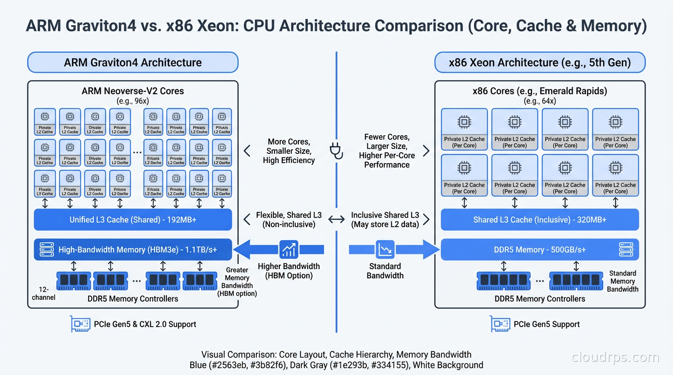 ARM CPU architecture comparison: Graviton4 vs x86 Xeon showing core layout, cache hierarchy, and memory bandwidth