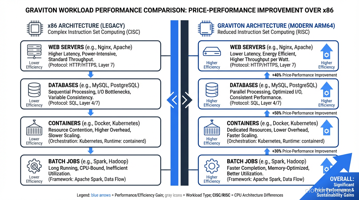 Graviton workload performance comparison: web servers, databases, containers, and batch jobs showing price-performance improvement over x86