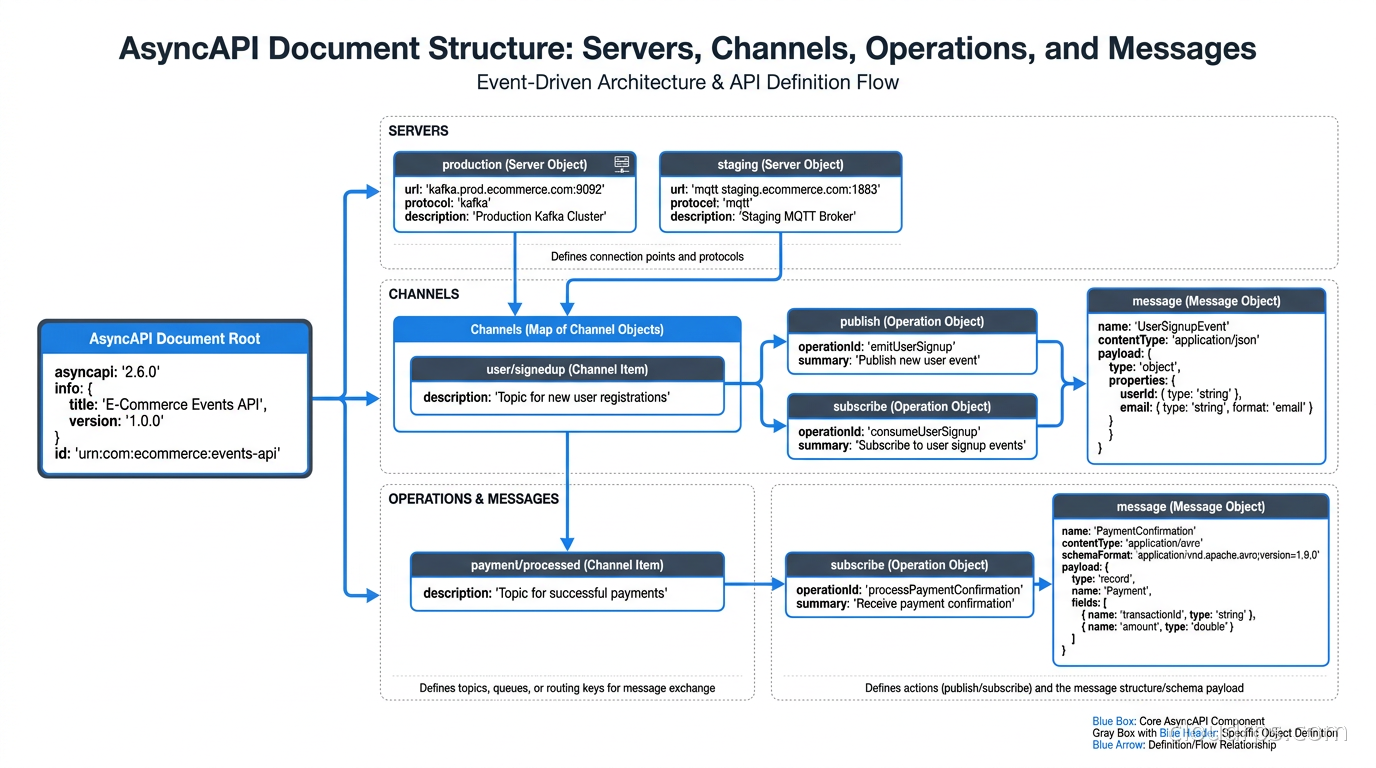 AsyncAPI document structure showing servers, channels, operations, and messages