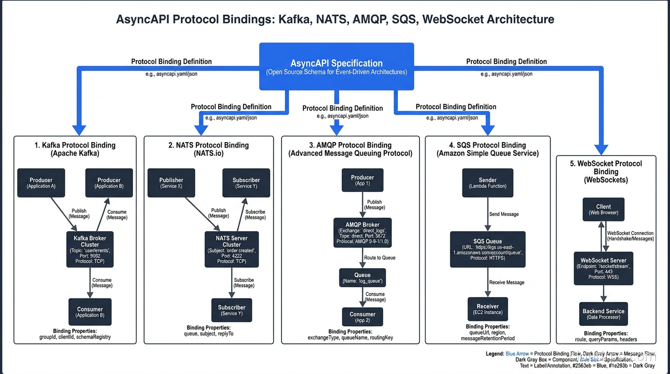 AsyncAPI protocol bindings showing Kafka, NATS, AMQP, SQS, and WebSocket support