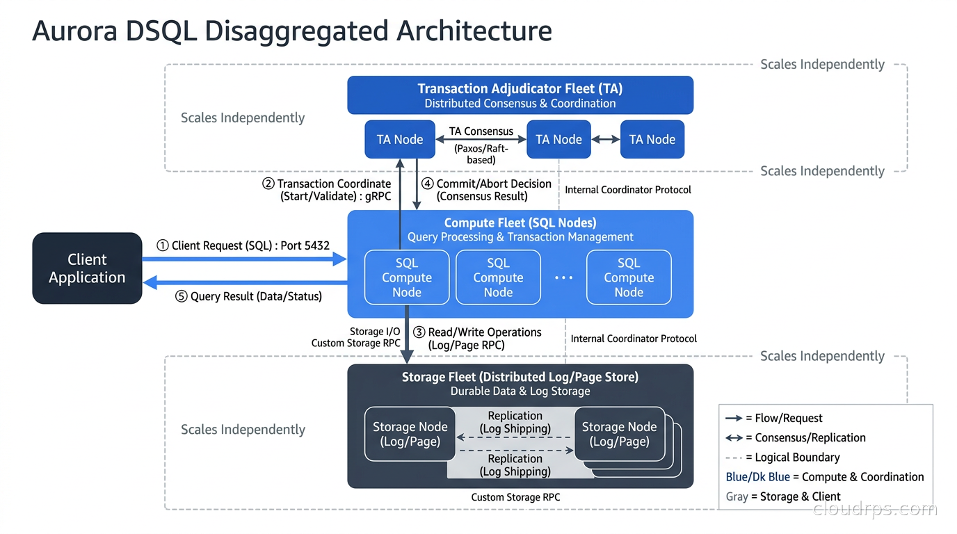 Aurora DSQL disaggregated architecture showing separate compute, storage, and transaction adjudicator fleets