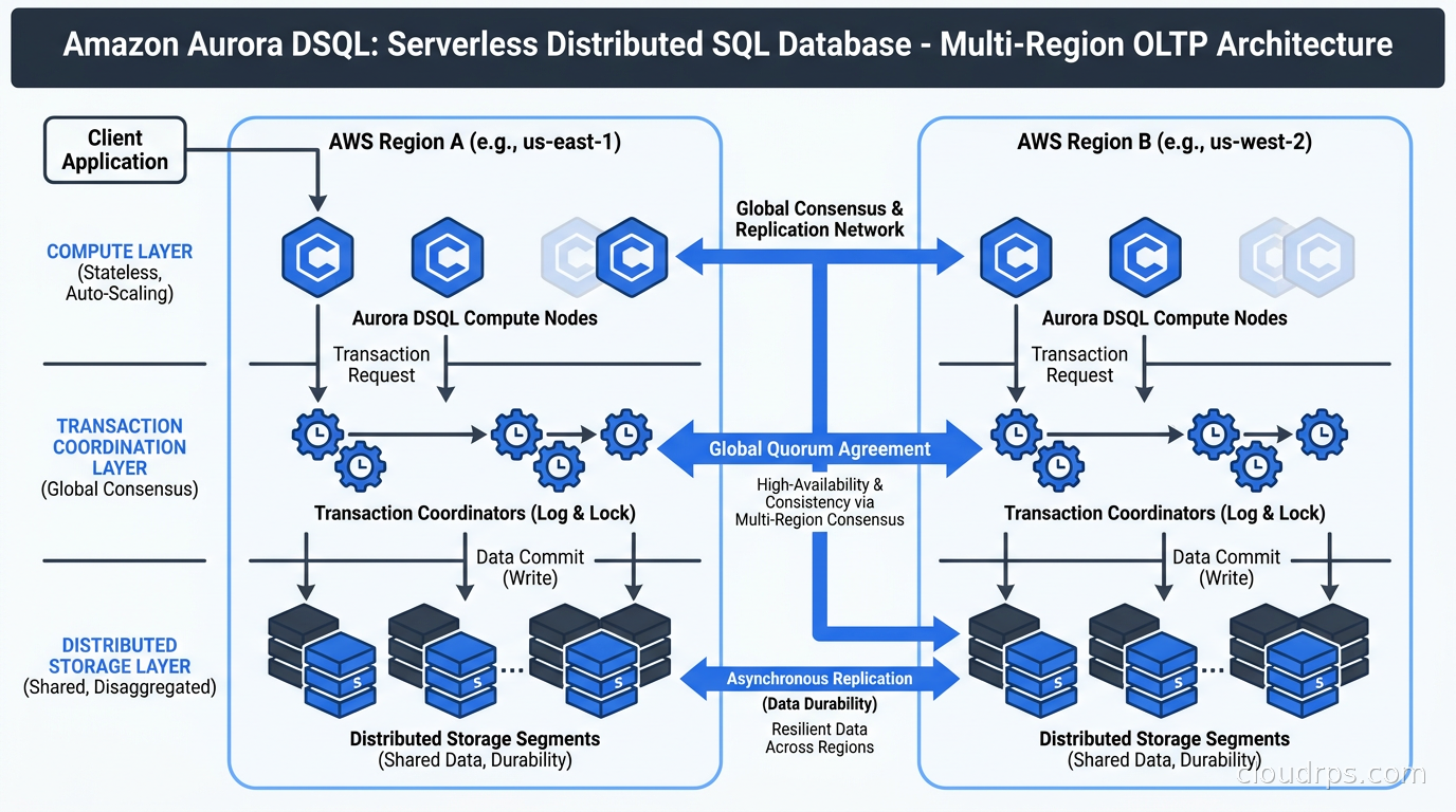 Diagram of Aurora DSQL's disaggregated architecture showing separate compute, storage, and transaction coordination layers across multiple AWS regions