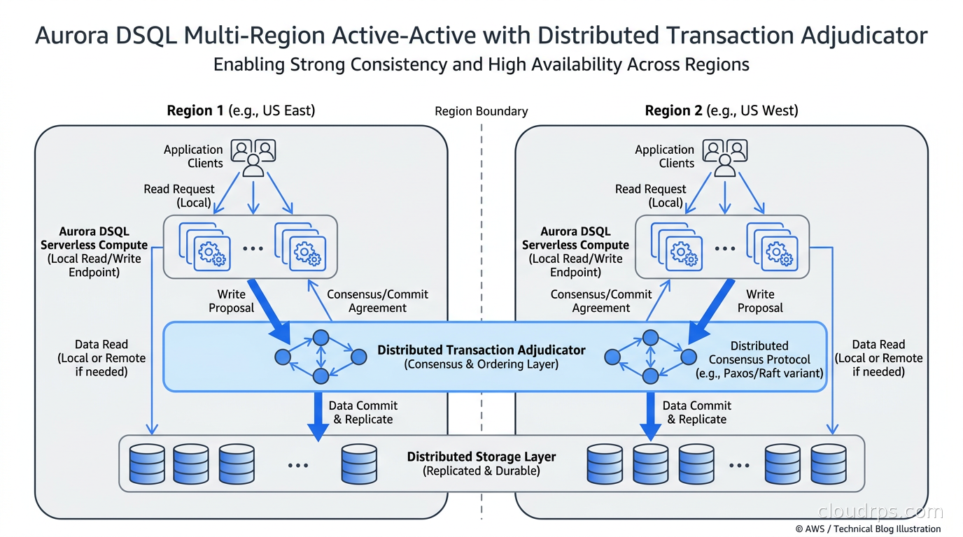 Aurora DSQL multi-region active-active configuration with transaction adjudicator spanning regions