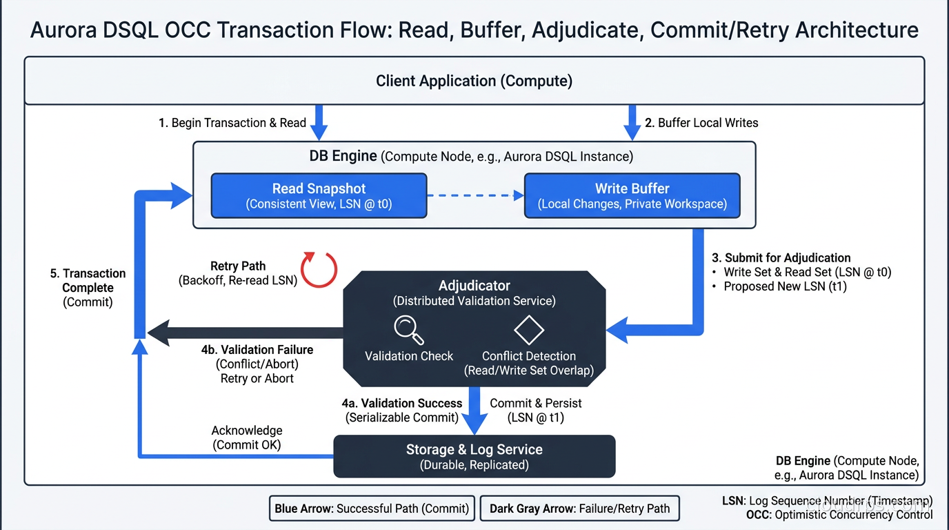 Aurora DSQL OCC transaction flow showing read snapshot, buffer changes, adjudicator check, and commit or retry paths