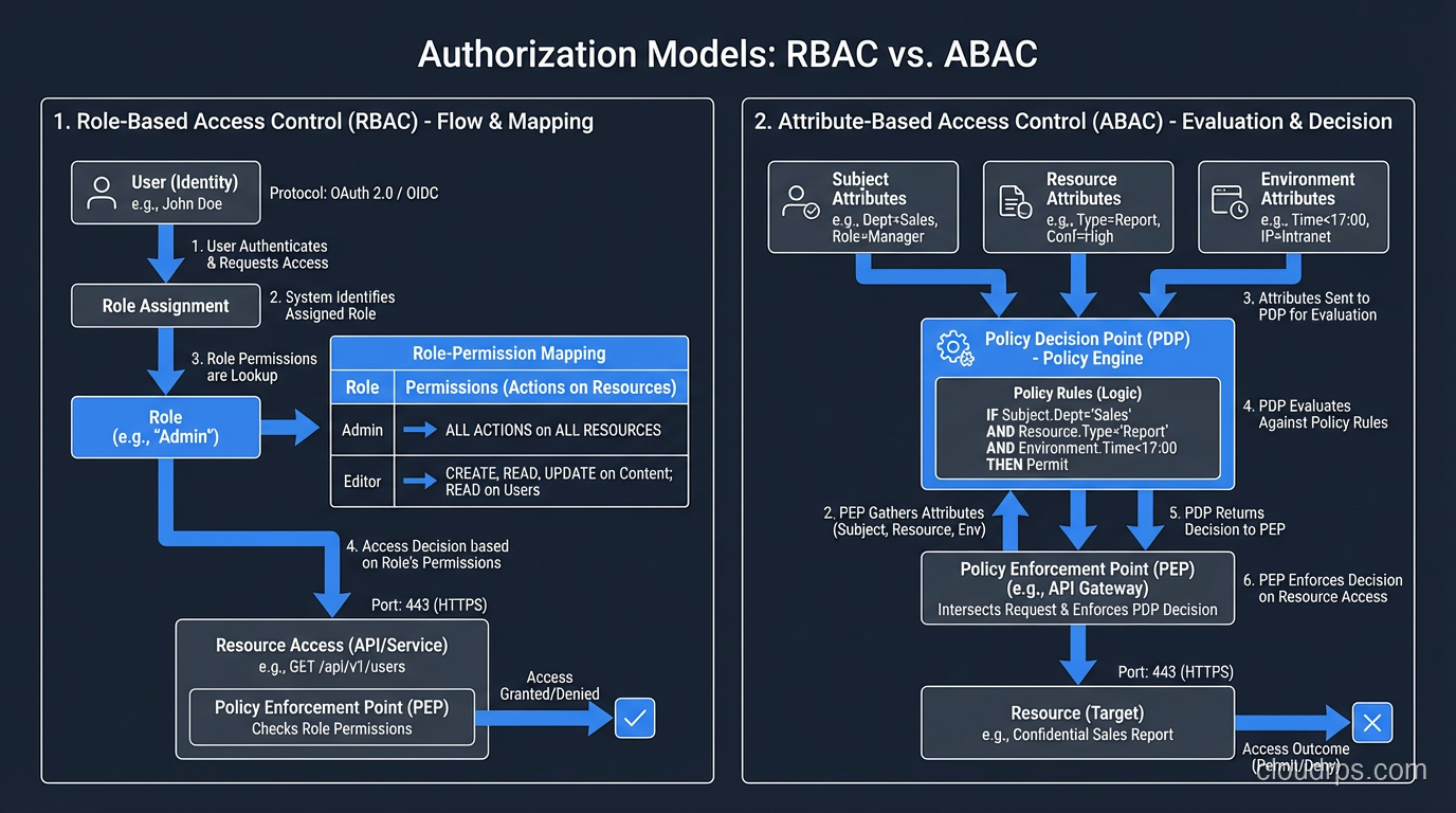 Authorization models showing RBAC role-permission mapping and ABAC attribute-based decisions