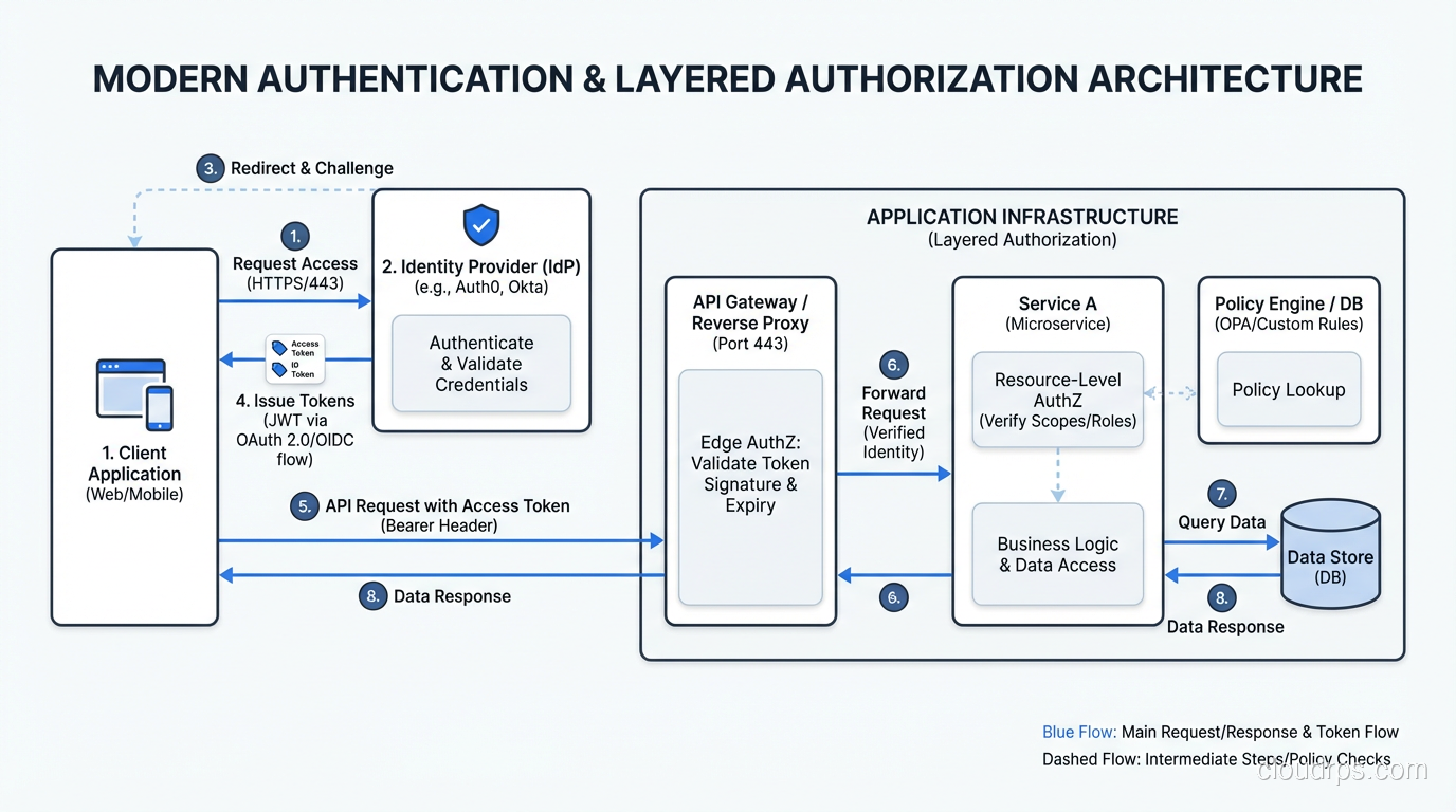 Complete authentication and authorization architecture showing IdP, token flow, and layered authorization