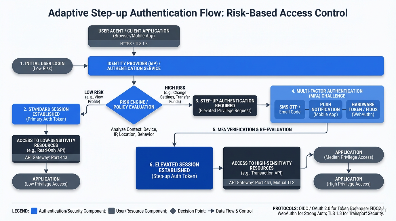 Step-up authentication flow showing different authentication requirements based on action risk level