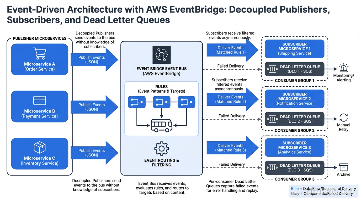 EventBridge event bus connecting microservices with decoupled publishers and subscribers and dead letter queues per consumer