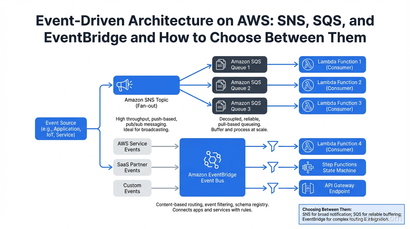 AWS event-driven architecture diagram showing SNS fan-out to SQS queues with Lambda consumers and EventBridge event bus