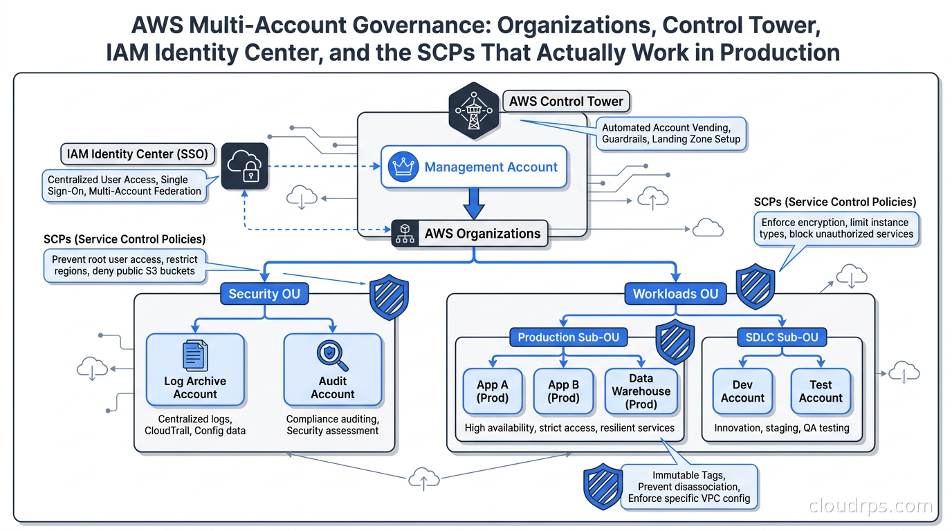 AWS Organizations hierarchy showing Management account, Security OU with Log Archive and Audit accounts, and Workloads OU with Production and SDLC sub-OUs